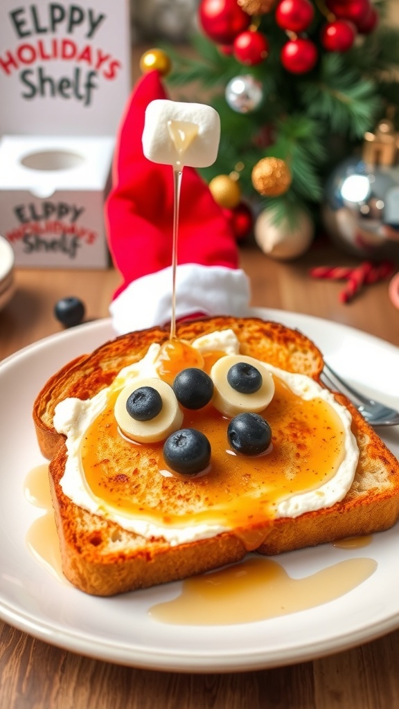Elf on the Shelf toast decorated with cream cheese, banana, blueberry, and marshmallow, served on a festive plate.